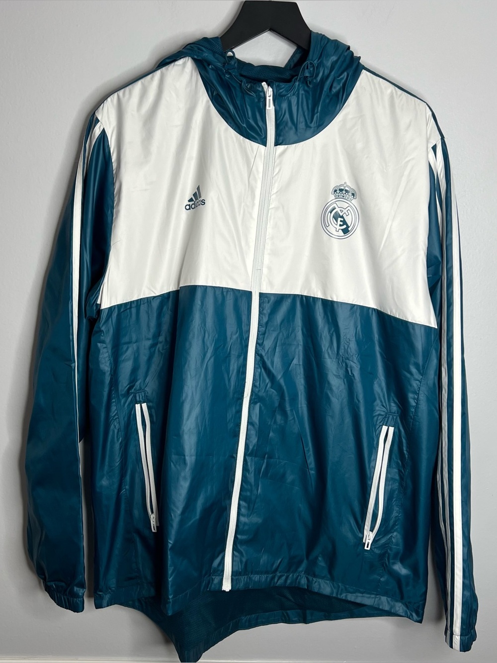 Real Madrid Glanz Anthem 3 Stripe Windbreak Jacket Mens Large Teal White Adidas